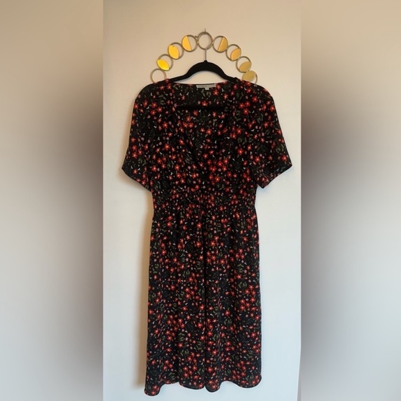 cleo Dresses & Skirts - Cleo Petites Women Size XL Floral Midi Dress Black Red White Ruched Waist V Neck